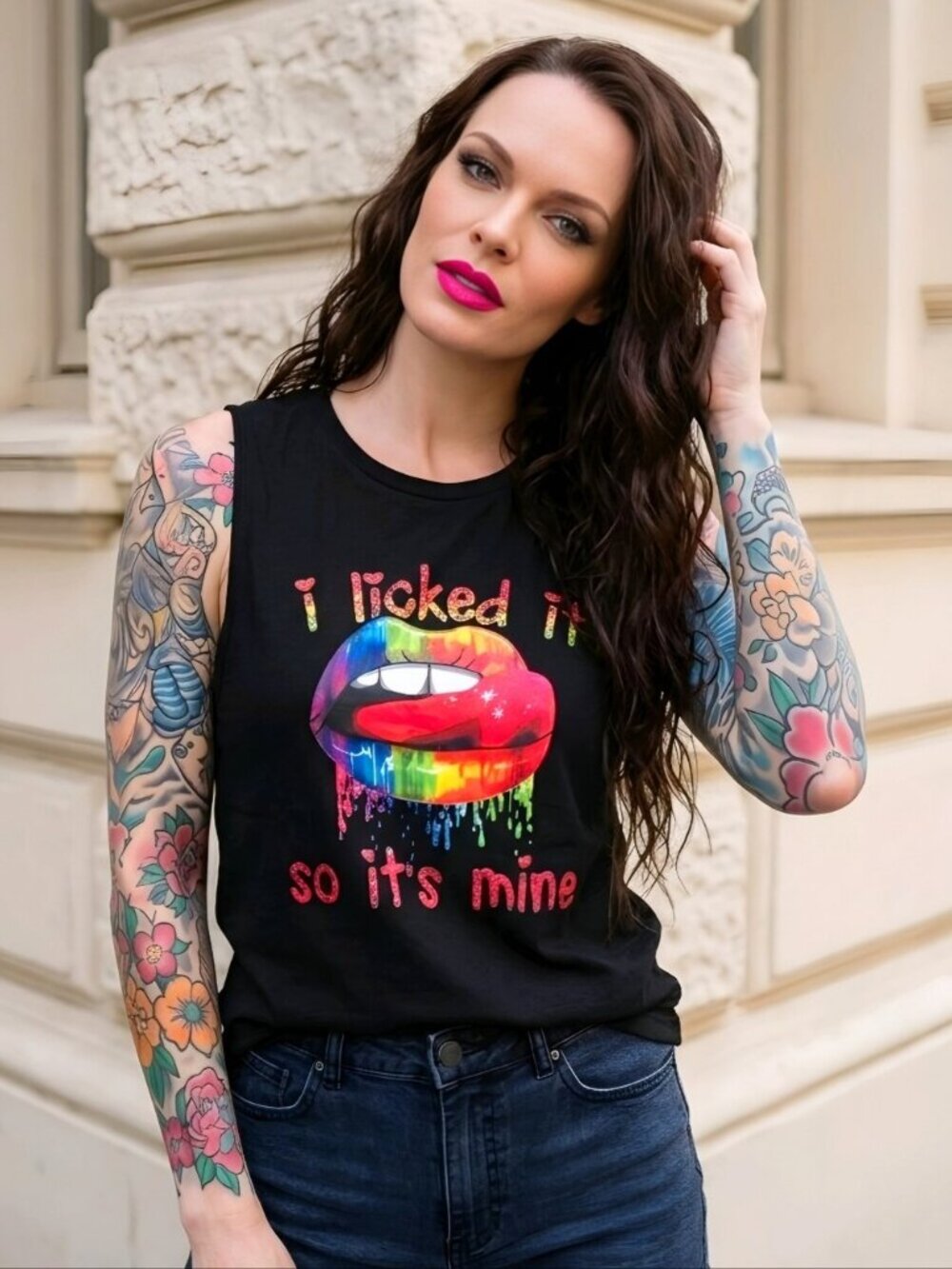 Rainbow Lips Graphic Muscle Tank Top Black Neon Multicolor Print Festival M NWT